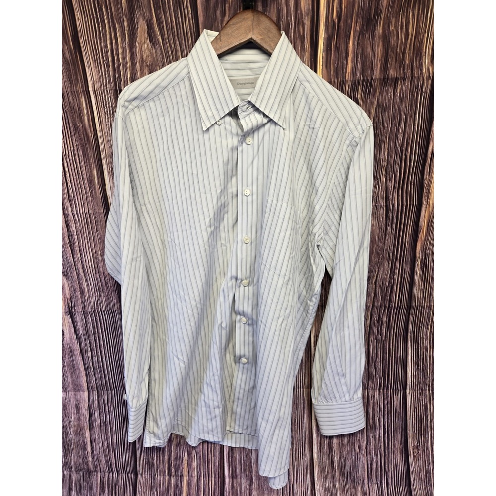 Ermenegildo Zegna Dress Shirt Mens XL White Stripe Cotton Long Sleeve Button Up - Picture 3 of 10